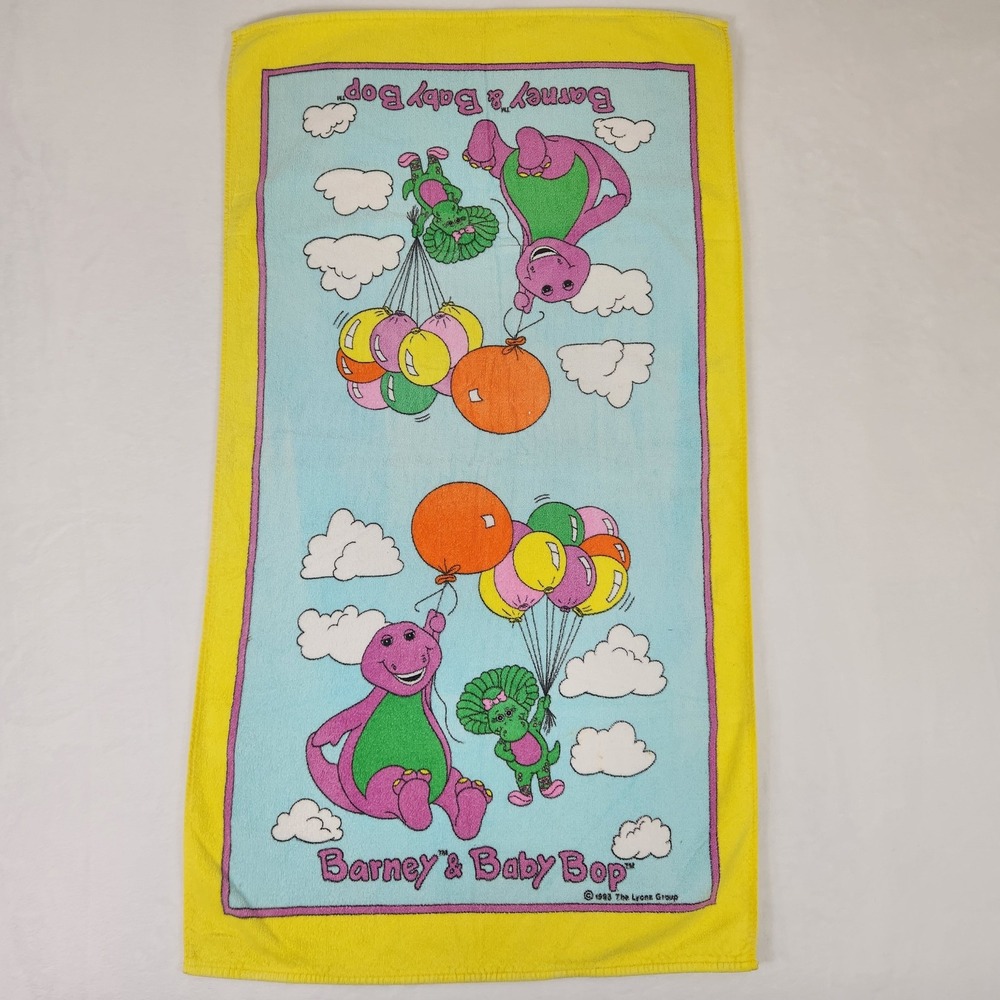 Vintage 1993 Barney & Baby Bop Beach Towel Bibb 100% Cotton 22x42 Yellow Blue